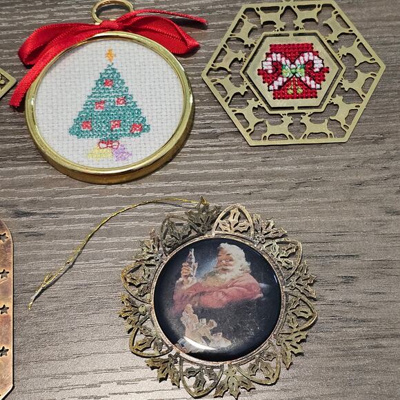 Vintage Cross Stitch Gold Accent Christmas Ornament Set 80s Candy Cane Tree Coke - Picture 4 of 9
